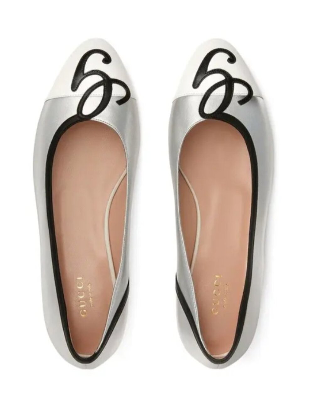 Gucci G Applique Leather Ballet Flats Silver White Delicate Whimsical Luxury 39
